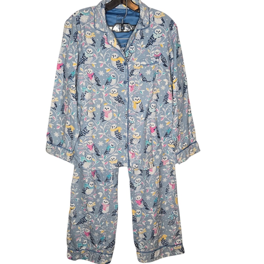 Nick & Nora Pajama Set Medium Winter Snow Owl Print Button Top Lounge Pants